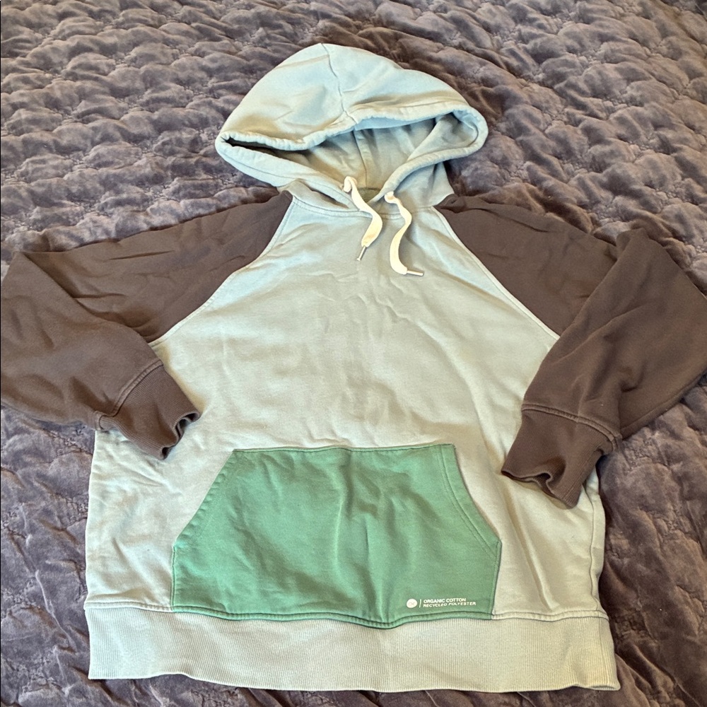 OUTERKNOWN hoodie.Pale blue/grey body with charcoal sleeves & green pocket Men L